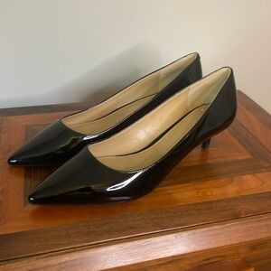 New/never worn, black patent leather kitten heel pumps